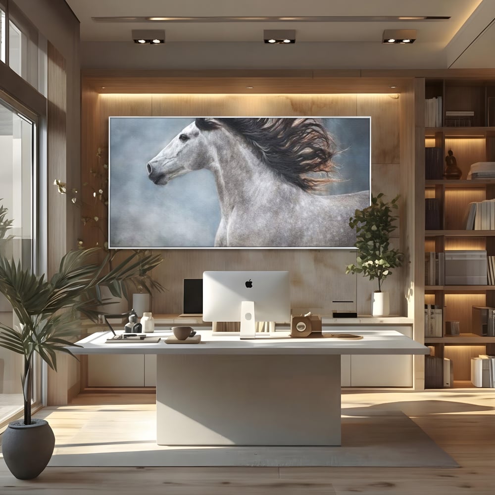 Tablou canvas cu tablou canvas cu armasar in miscare, in rama de aluminiu argintiu, pe perete intr-un birou